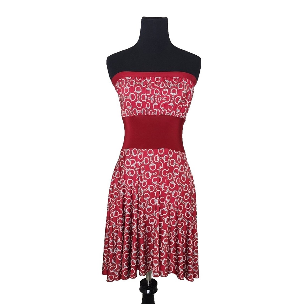 Womens Wine Red & Blue and Ivory  Strapless‎ Flare Party Dress M Coastal Preppy
